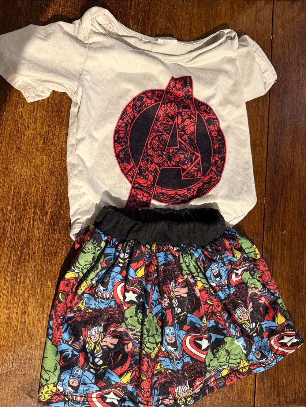 Kids Marvel Avengers White Tee and Multicolor Hero Skirt Costume